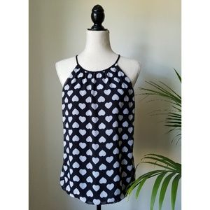 Express Halter Blouse Black w/ White Hearts Print